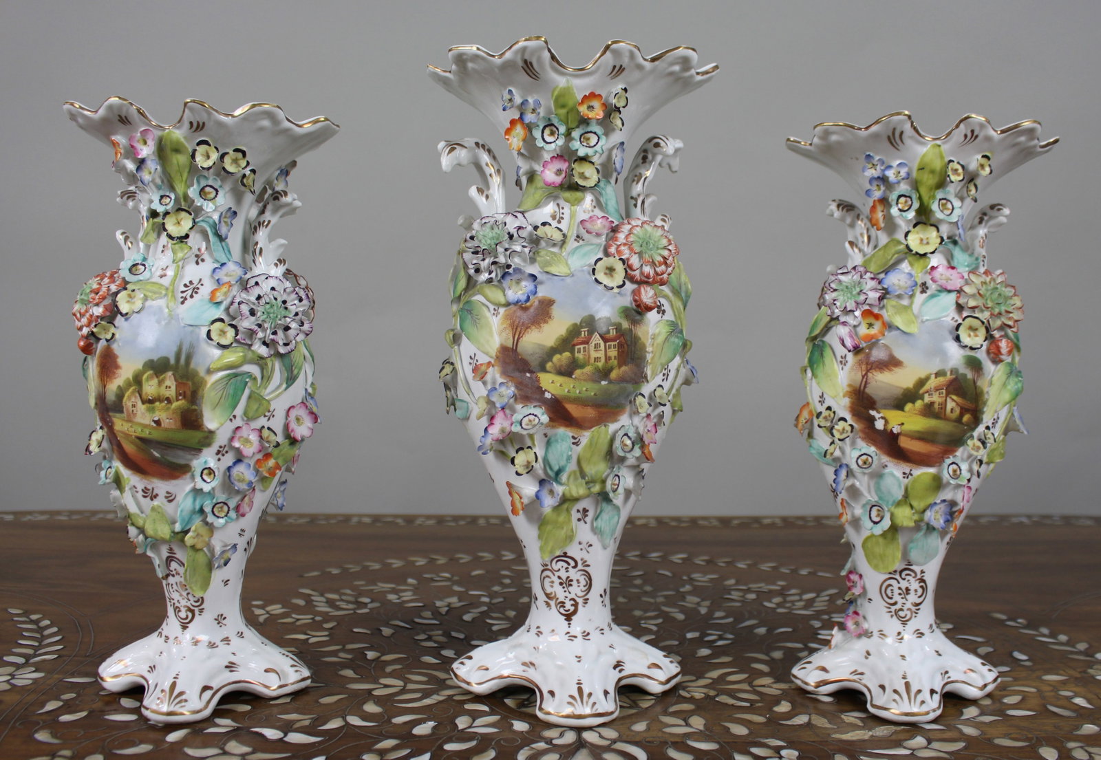 Title: Garniture of Three English Flower-Encrusted Porcelain Vases, c.1850 (probably Samuel Alcock & - 16