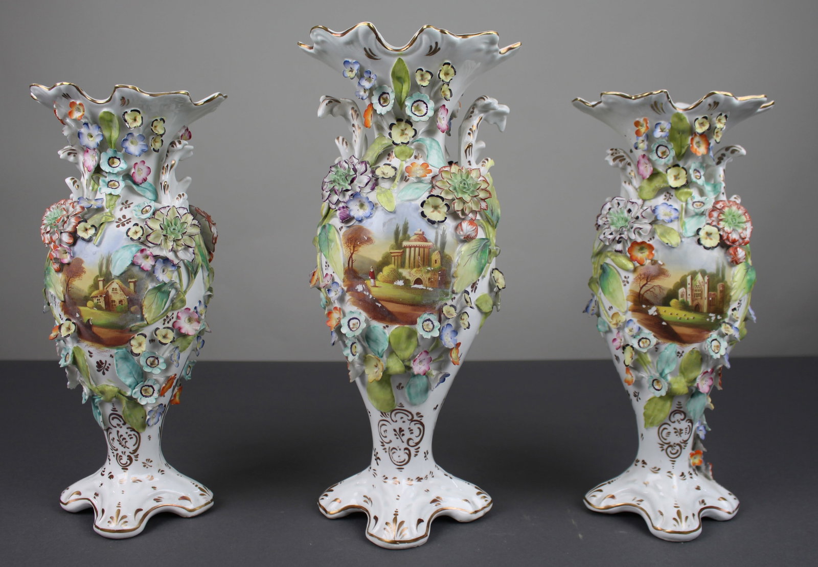 Title: Garniture of Three English Flower-Encrusted Porcelain Vases, c.1850 (probably Samuel Alcock &: Title: Garniture of Three English Flower-Encrusted Porcelain Vases, c.1850 (probably Samuel Alcock & Co.) Description: Garniture of Three English Flower-Encrusted Porcelain Vases, c.1850 (probably