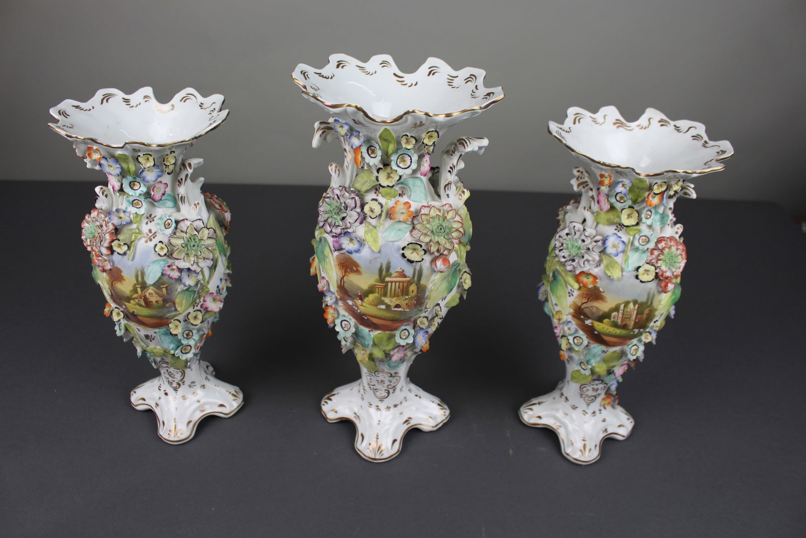 Title: Garniture of Three English Flower-Encrusted Porcelain Vases, c.1850 (probably Samuel Alcock & - 4