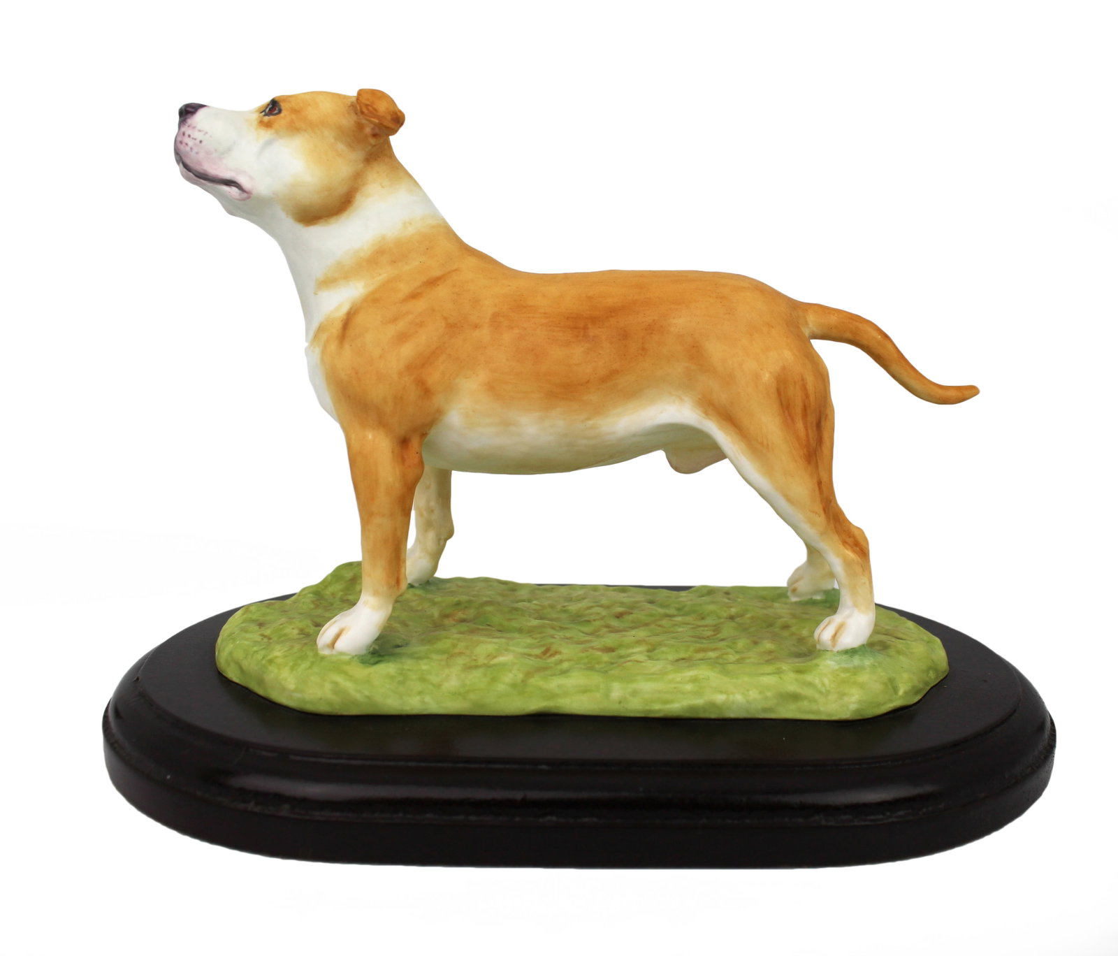 Title: Porcelain Bulldog Figure on Wooden Base Description: Porcelain Bulldog Figure on Wooden: Title: Porcelain Bulldog Figure on Wooden Base Description: Porcelain Bulldog Figure on Wooden Base A finely modelled porcelain figure of a bulldog, naturalistically painted in tones of fawn and
