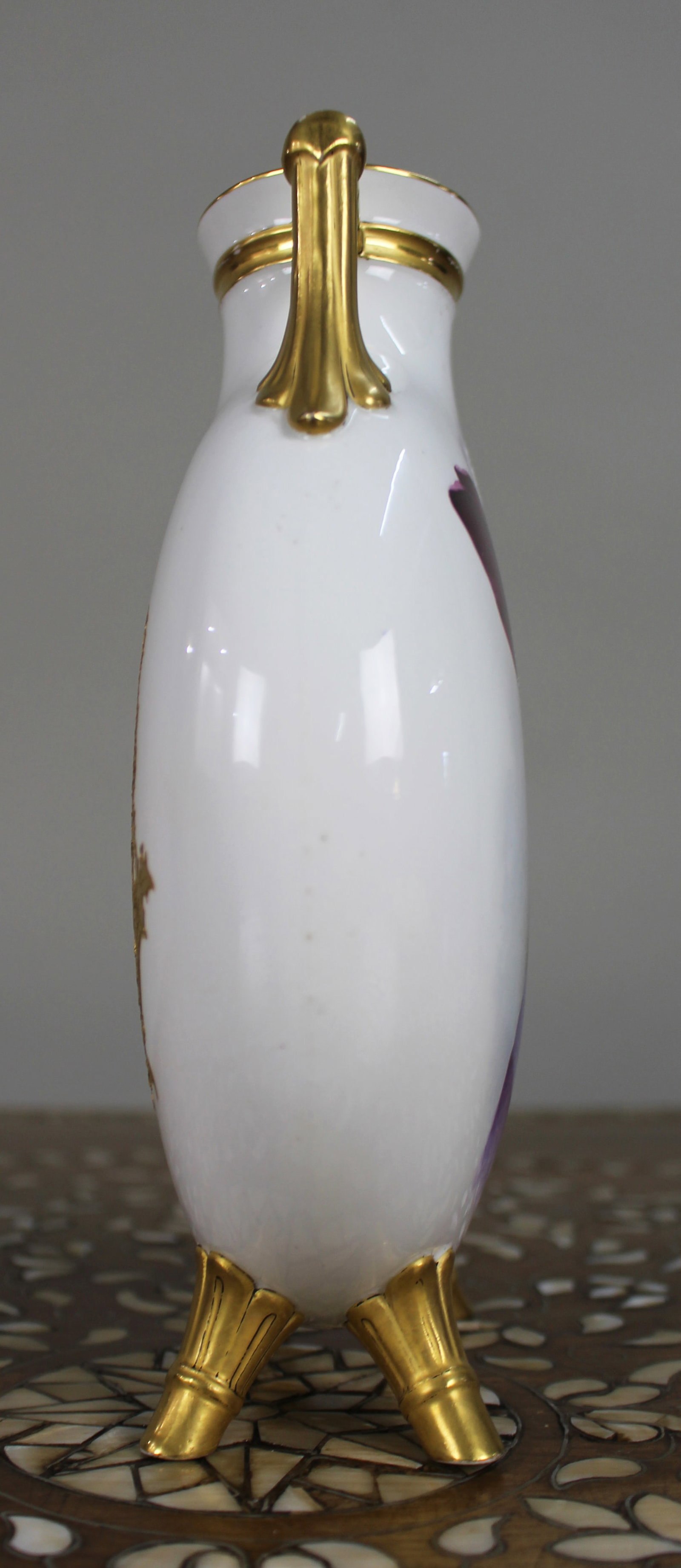 Title: Hand-Painted & Gilded Porcelain Moon Flask Vase, Signed Baston, c.1890 Description: - 10