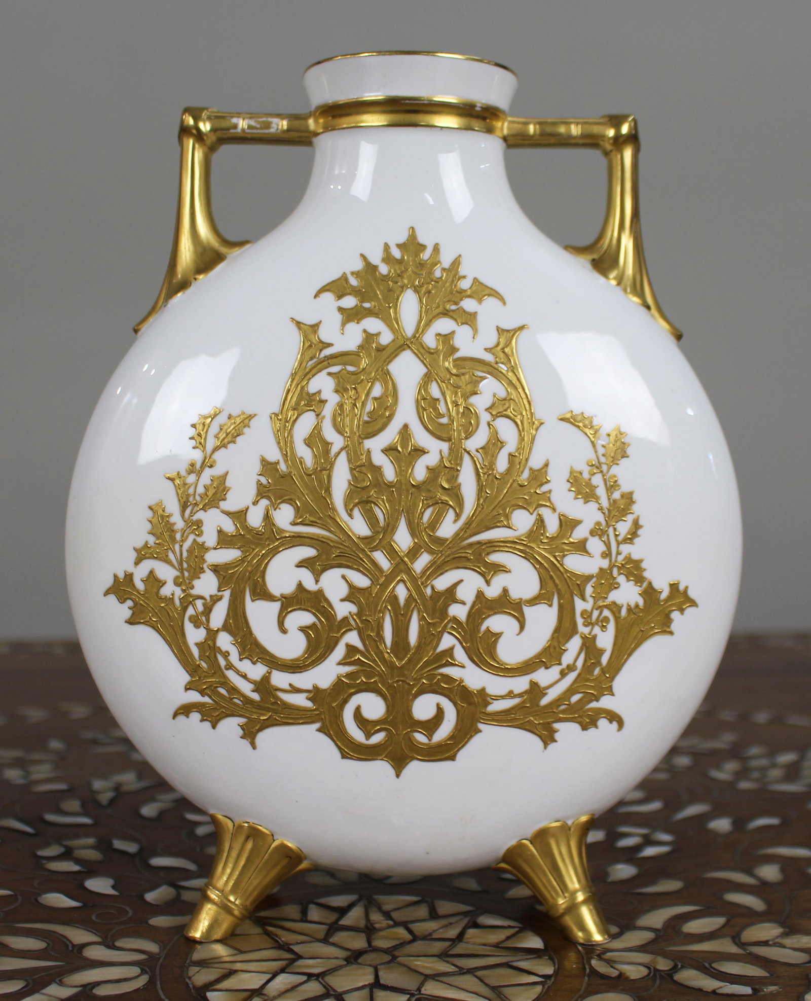 Title: Hand-Painted & Gilded Porcelain Moon Flask Vase, Signed Baston, c.1890 Description: - 12