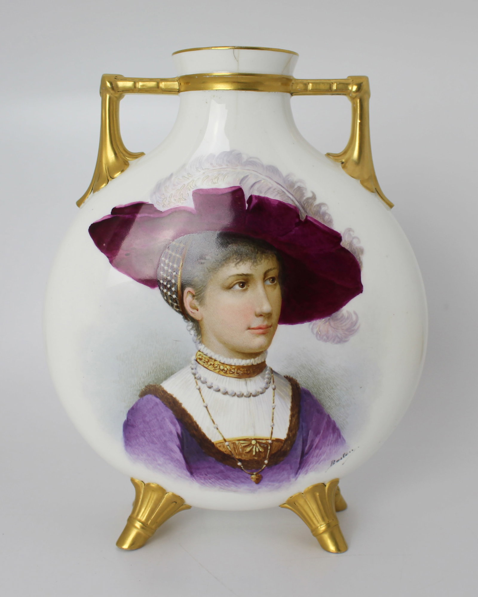 Title: Hand-Painted & Gilded Porcelain Moon Flask Vase, Signed Baston, c.1890 Description: - 16