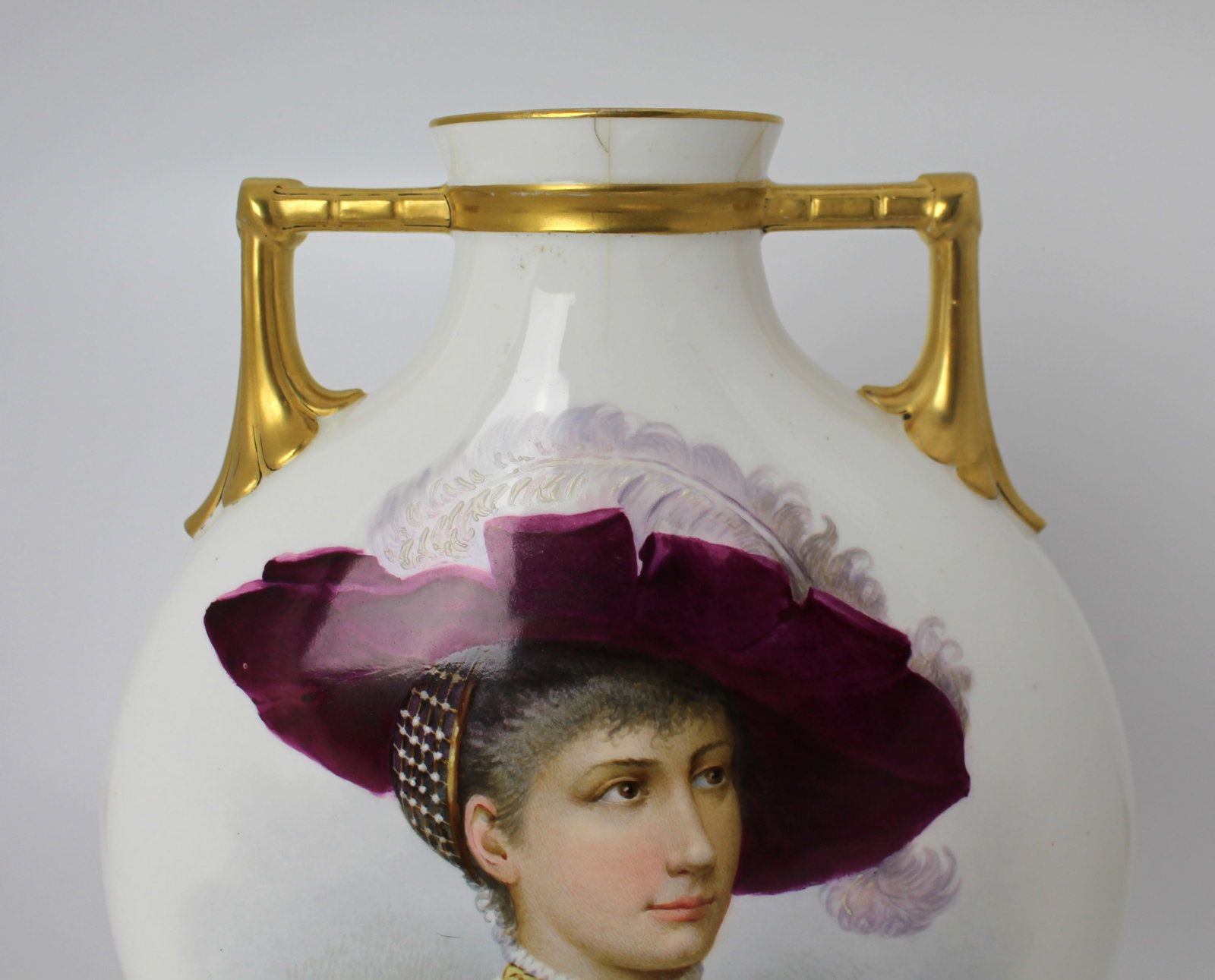 Title: Hand-Painted & Gilded Porcelain Moon Flask Vase, Signed Baston, c.1890 Description: - 18