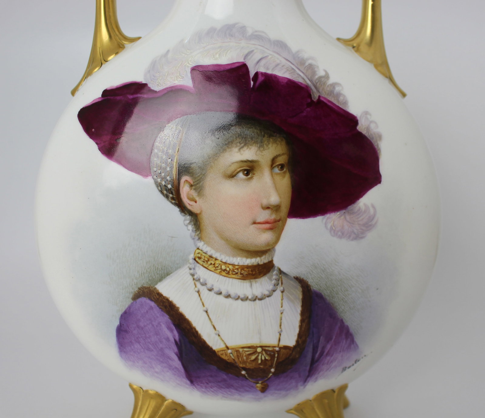 Title: Hand-Painted & Gilded Porcelain Moon Flask Vase, Signed Baston, c.1890 Description: - 19