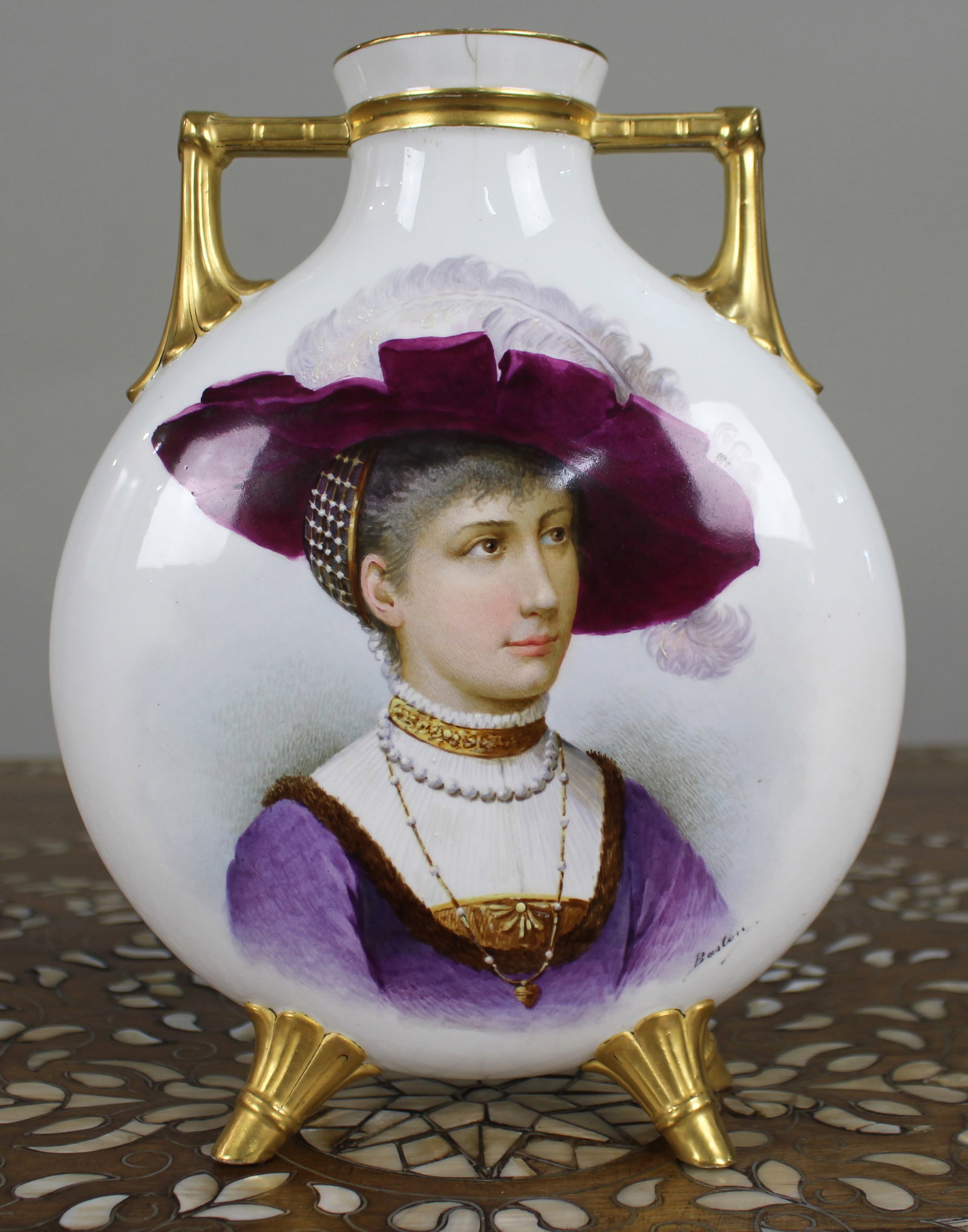 Title: Hand-Painted & Gilded Porcelain Moon Flask Vase, Signed Baston, c.1890 Description: - 2