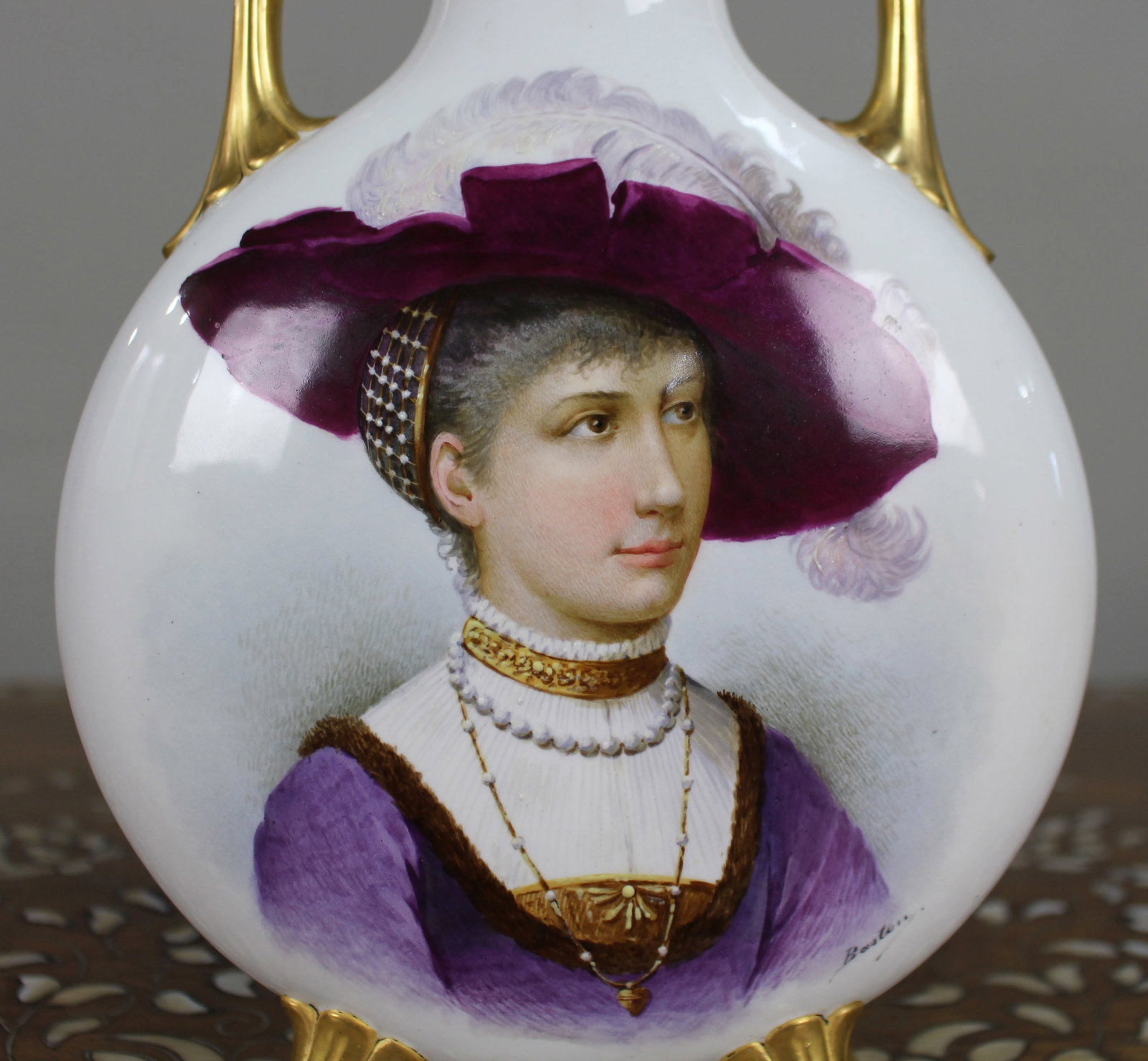 Title: Hand-Painted & Gilded Porcelain Moon Flask Vase, Signed Baston, c.1890 Description: - 4