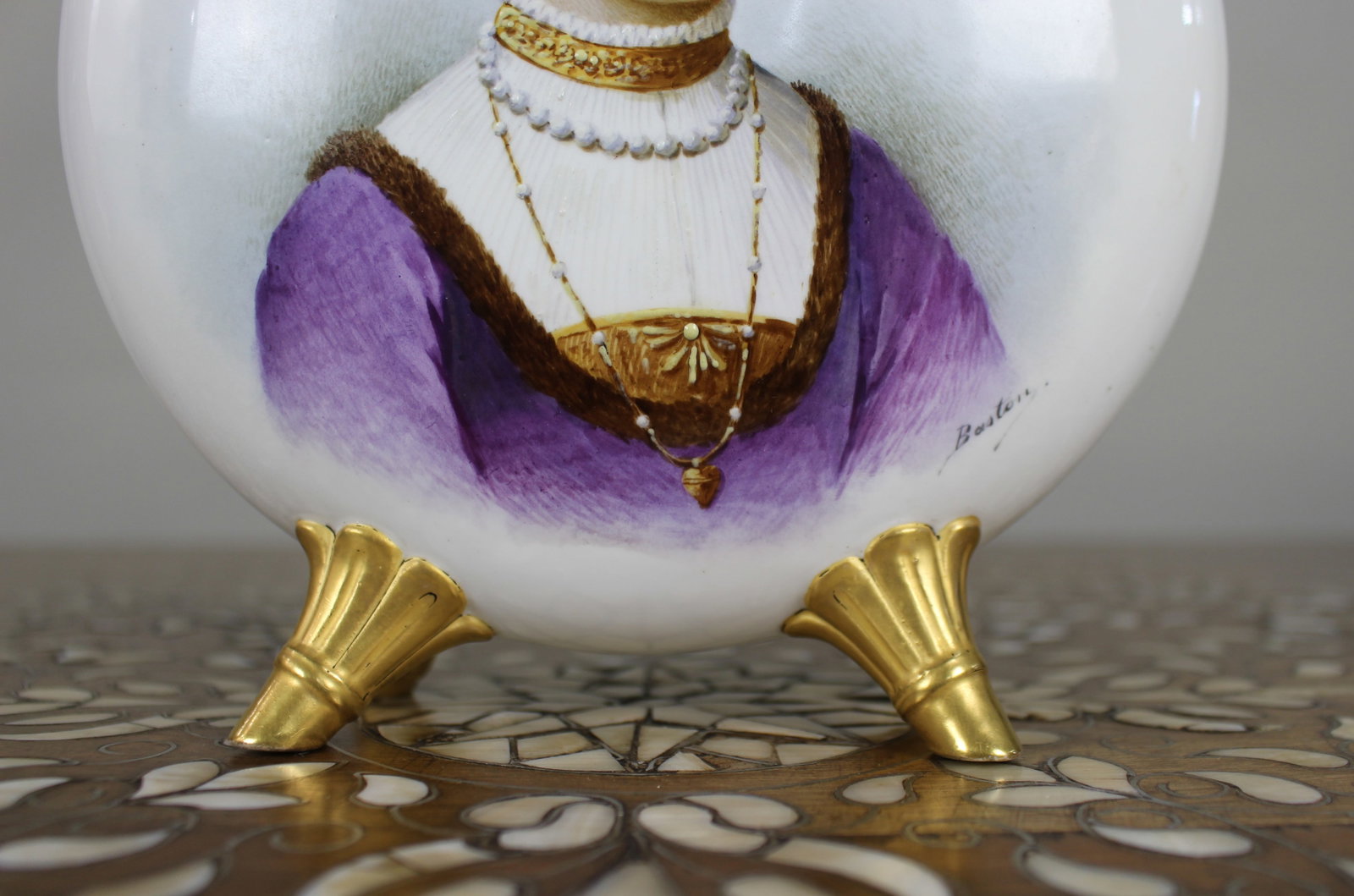Title: Hand-Painted & Gilded Porcelain Moon Flask Vase, Signed Baston, c.1890 Description: - 5