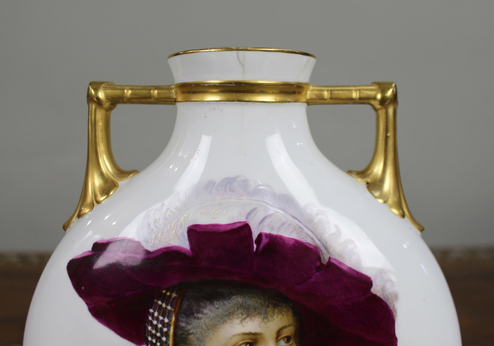 Title: Hand-Painted & Gilded Porcelain Moon Flask Vase, Signed Baston, c.1890 Description: - 7