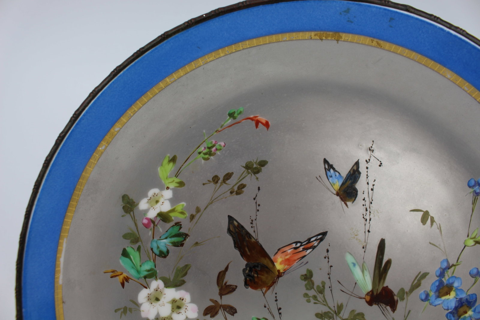Title: Antique Continental Porcelain Platinum Dish with Gilt Bronze Rim Description: Antique - 14