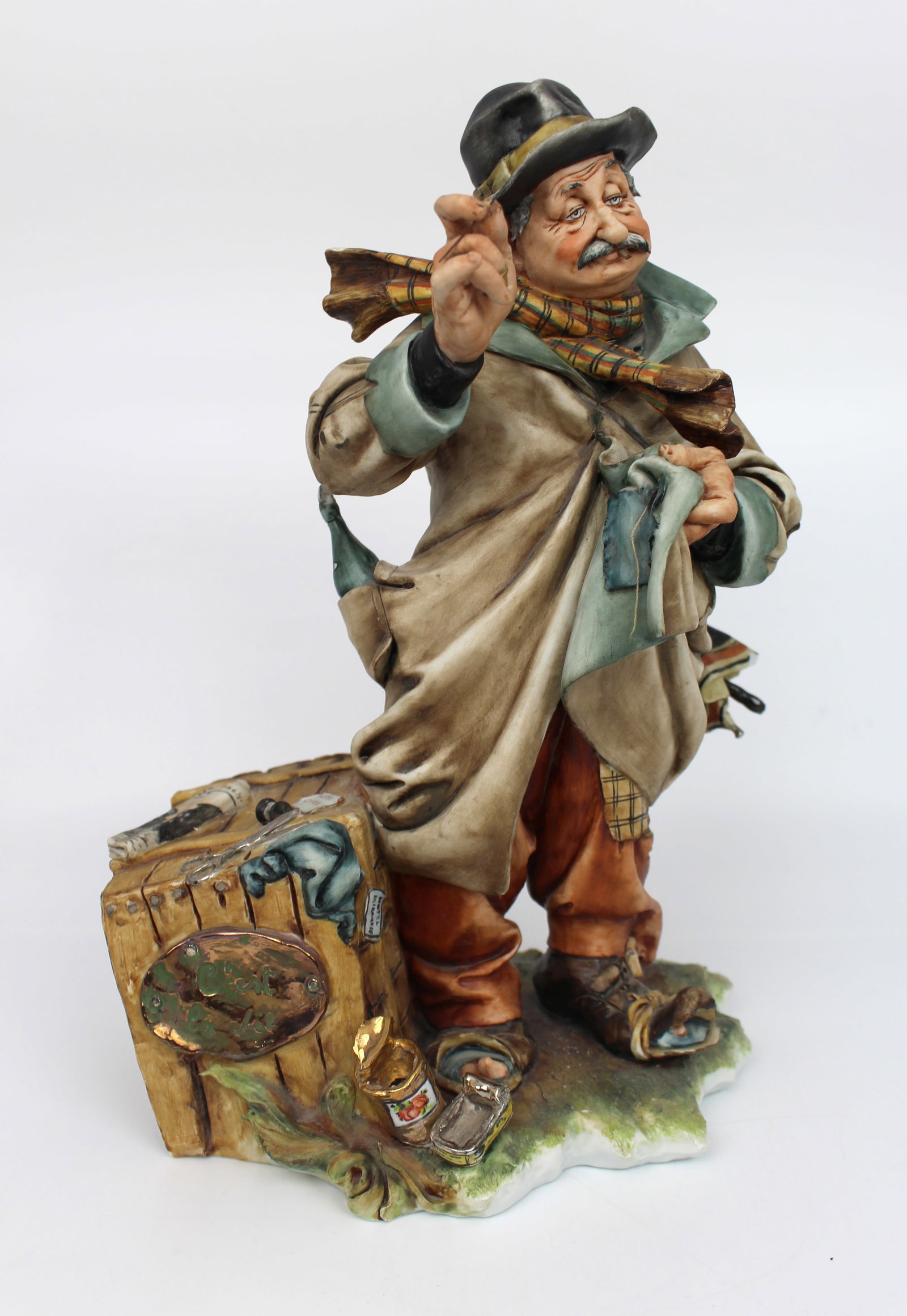 Title: Capodimonte Tramp Patching His Coat by Tyche Bruno Description: Capodimonte Tramp Patching: Title: Capodimonte Tramp Patching His Coat by Tyche Bruno Description: Capodimonte Tramp Patching His Coat by Tyche Bruno Capodimonte, made in Italy. Mid/late 20th century. Measures 24 x 16 x 32 (heig