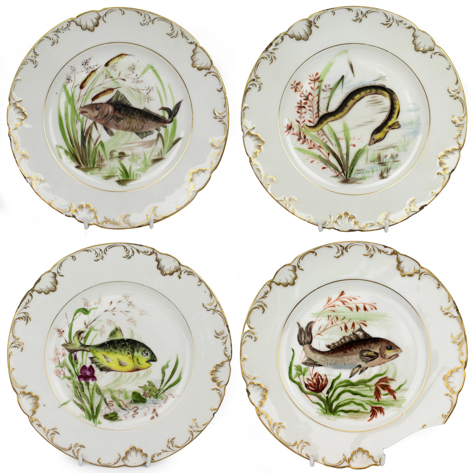 Title: Set of 4 Edwardian Hand Painted Fish Plates, Signed Wolly Fowkes 1903 Description: Set of 4 (1 of 18)