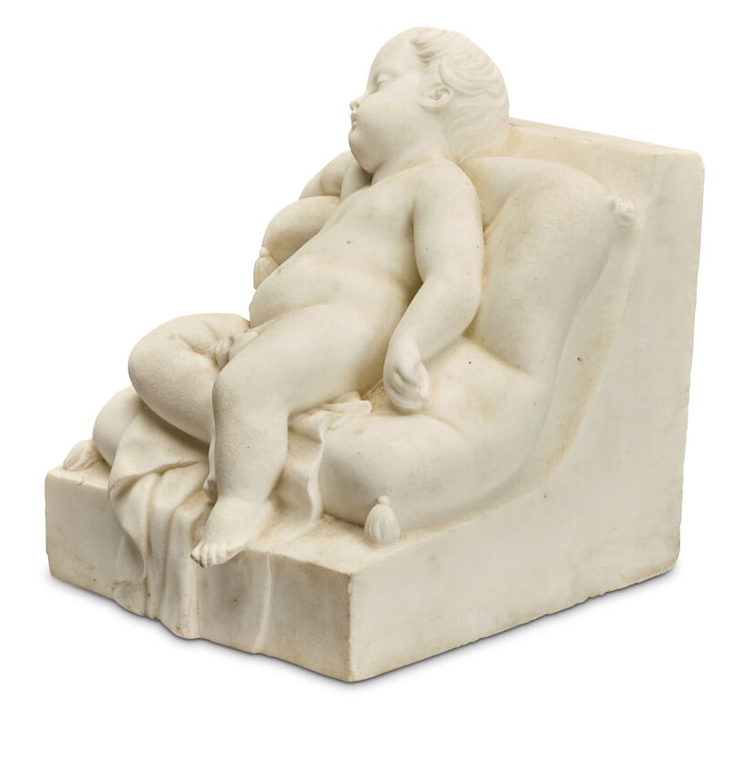 Title: 19th Century Italian Carrara Marble Sculpture of Sleeping Putto Description: 19th Century - 2