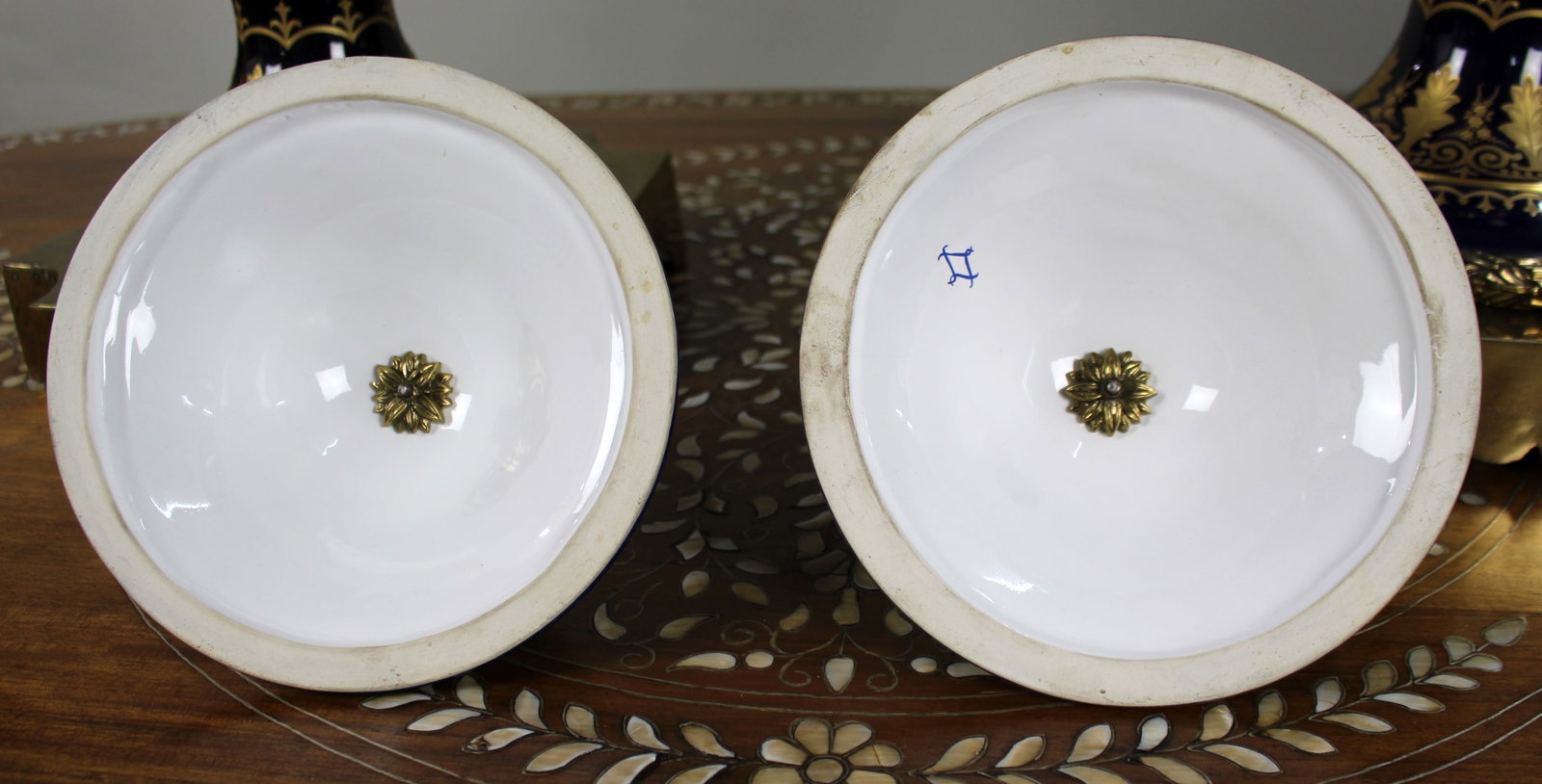 Title: Pair of Fine Sevres Style Cobalt Blue Rams Head Lidded Urns Description: Pair of Fine - 2