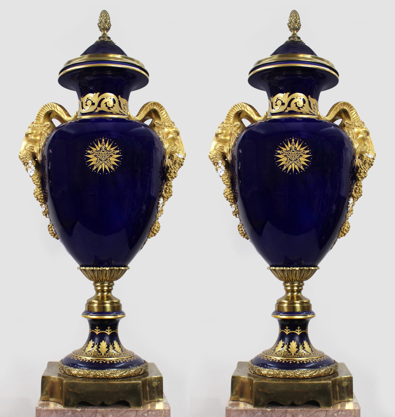 Title: Pair of Fine Sevres Style Cobalt Blue Rams Head Lidded Urns Description: Pair of Fine - 3