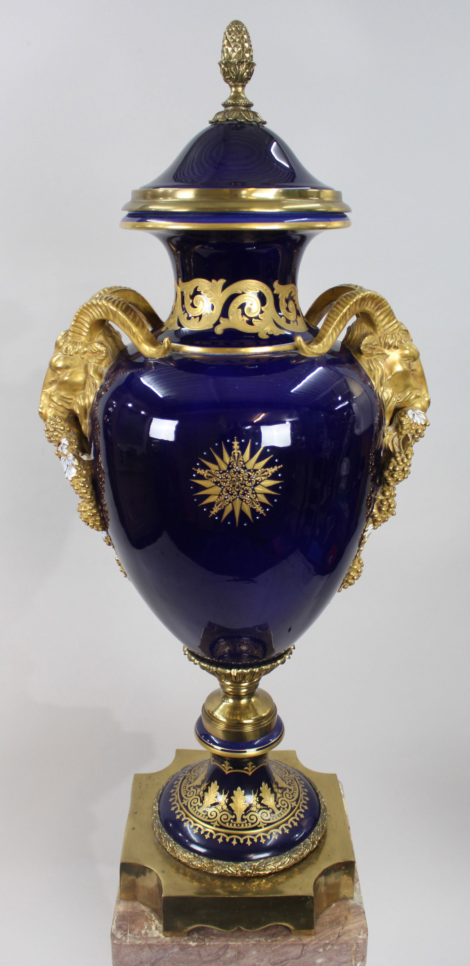 Title: Pair of Fine Sevres Style Cobalt Blue Rams Head Lidded Urns Description: Pair of Fine - 4