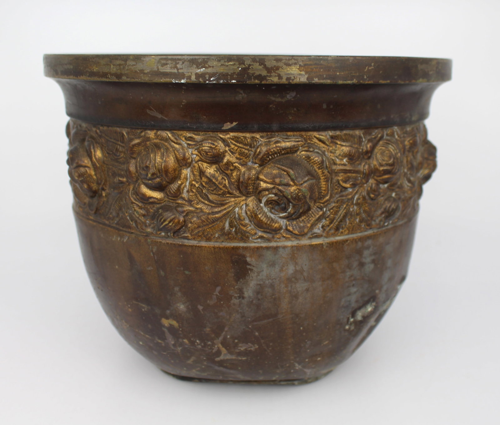 Title: Antique Chinese Gilt Bronze Cachepot with Floral Relief Description: Antique Chinese Gilt (1 of 1)