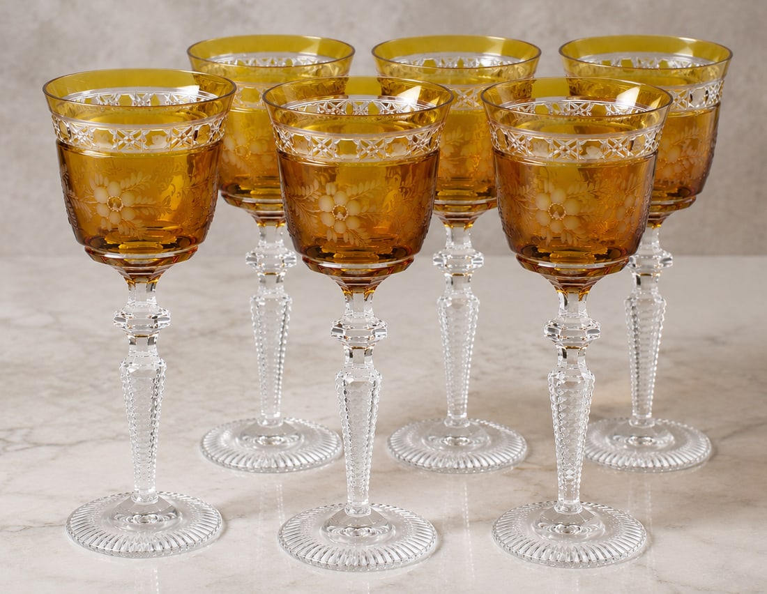 Title: Set of 6 Fine Meissen Crystal Amber Overlay Engraved Wine Glasses Description: Set of 6 (1 of 3)