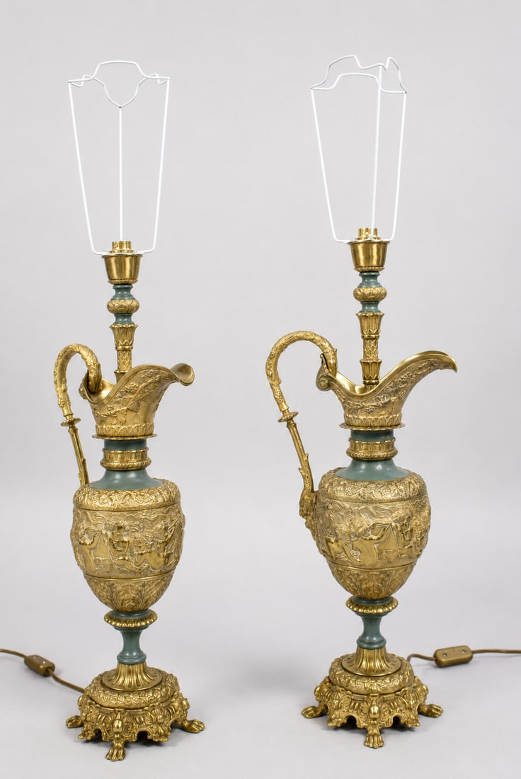 Title: Fine Pair of Late 19th Century Gilt Metal Ewer Form Table Lamps, c.1890 Description: Fine (1 of 2)
