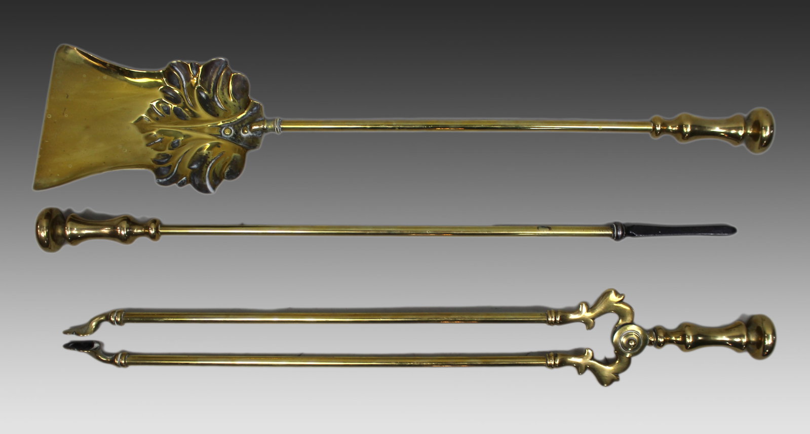 Title: Antique Brass Fireplace Tool Set, English c.1900 Description: Antique Brass Fireplace Tool (1 of 2)