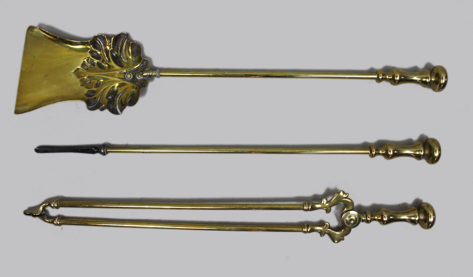 Title: Antique Brass Fireplace Tool Set, English c.1900 Description: Antique Brass Fireplace Tool - 2