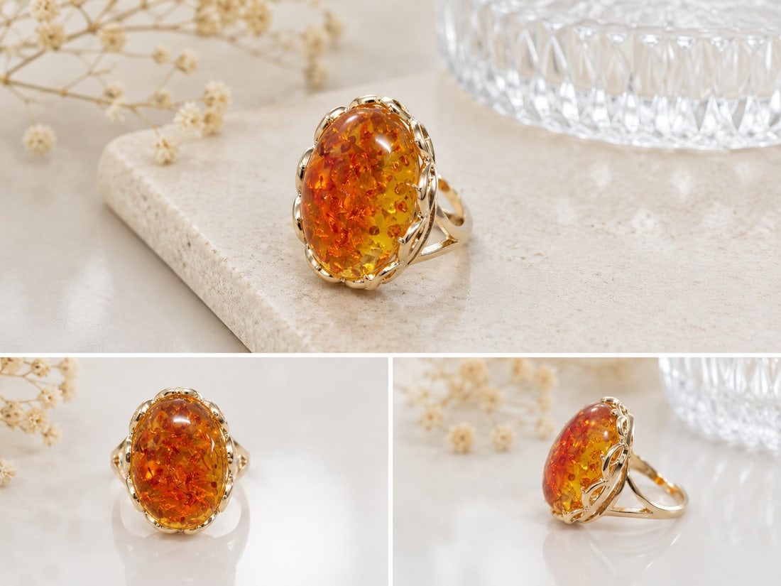 Amber Tone Oval Statement Ring – Adjustable Size 26 x 20mm: Title: Amber Tone Oval Statement Ring – Adjustable Size 26 x 20mm Description: Elegant gold-tone statement ring featuring a large oval amber-tone cabochon with beautiful warm orange and golden