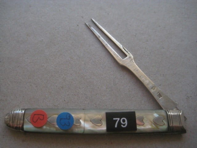 George III Mother of Pearl Hafted Silver Folding Fruit Fork: Title: George III Mother of Pearl Hafted Silver Folding Fruit Fork Description: George III Mother of Pearl Hafted Silver Bladed Folding Fruit Fork. The handle is decorated with