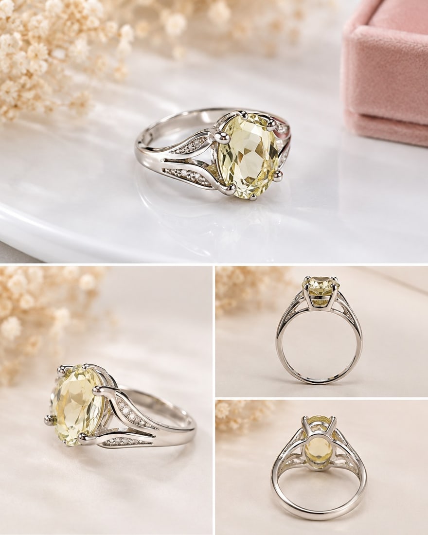 Natural Lemon Quartz Ring 3.94 Carats: Title: Natural Lemon Quartz Ring 3.94 Carats Description: Ring featuring a 3.94 carat natural lemon quartz with a beautiful faceted cut and light yellow colour. Decorative setting with sparkling