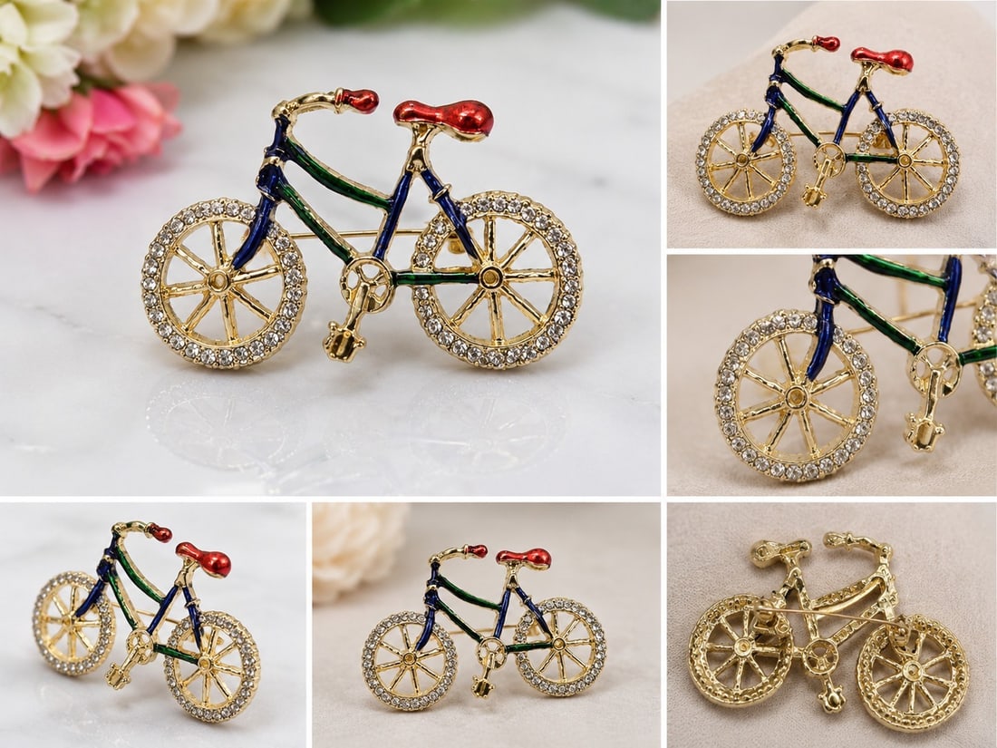 Crystal Bicycle Brooch with Colourful Enamel: Title: Crystal Bicycle Brooch with Colourful Enamel Description: Decorative bicycle brooch in gold-tone metal, featuring sparkling clear crystals on the wheels with blue, green and red enamel