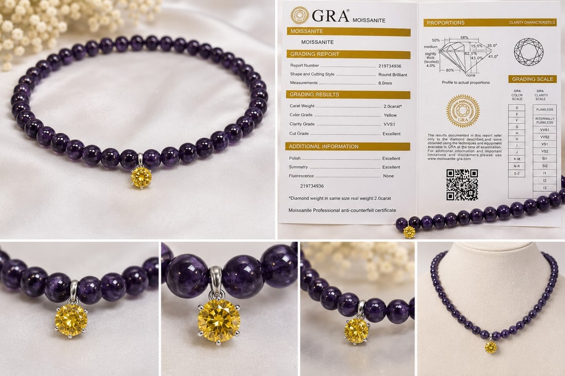 Amethyst Beaded Necklace with 2.00ct Yellow Moissanite – GRA Certificate: Title: Amethyst Beaded Necklace with 2.00ct Yellow Moissanite – GRA Certificate Description: Elegant amethyst beaded necklace featuring a 2.00ct round brilliant Yellow Moissanite pendant,
