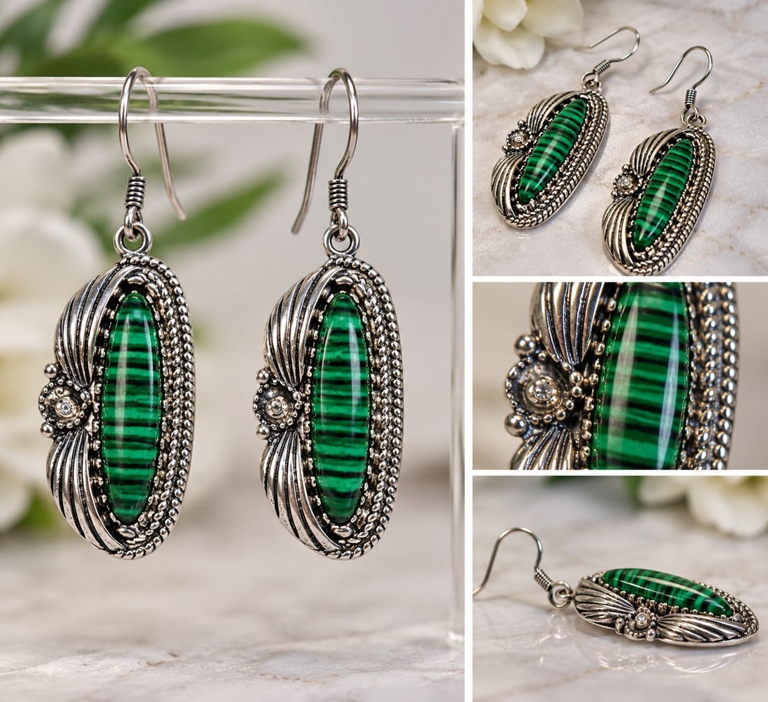 925 Sterling Silver Green Stone Drop Earrings: Title: 925 Sterling Silver Green Stone Drop Earrings Description: Elegant 925 sterling silver drop earrings featuring elongated green striped stones in ornate decorative settings. Finished with