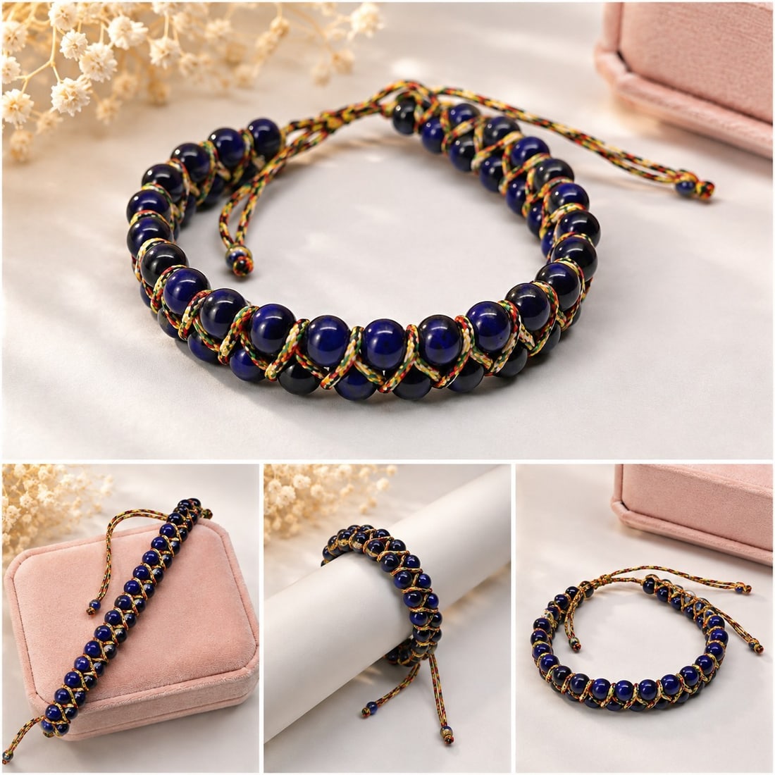 Blue Beaded Adjustable Bracelet: Title: Blue Beaded Adjustable Bracelet Description: Attractive bracelet featuring polished deep blue round beads woven with multicoloured braided cord. Designed with an adjustable cord closure for an