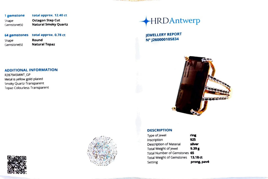 HRD Certified Smoky Quartz & White Topaz Ring – 925 Sterling Silver - 3