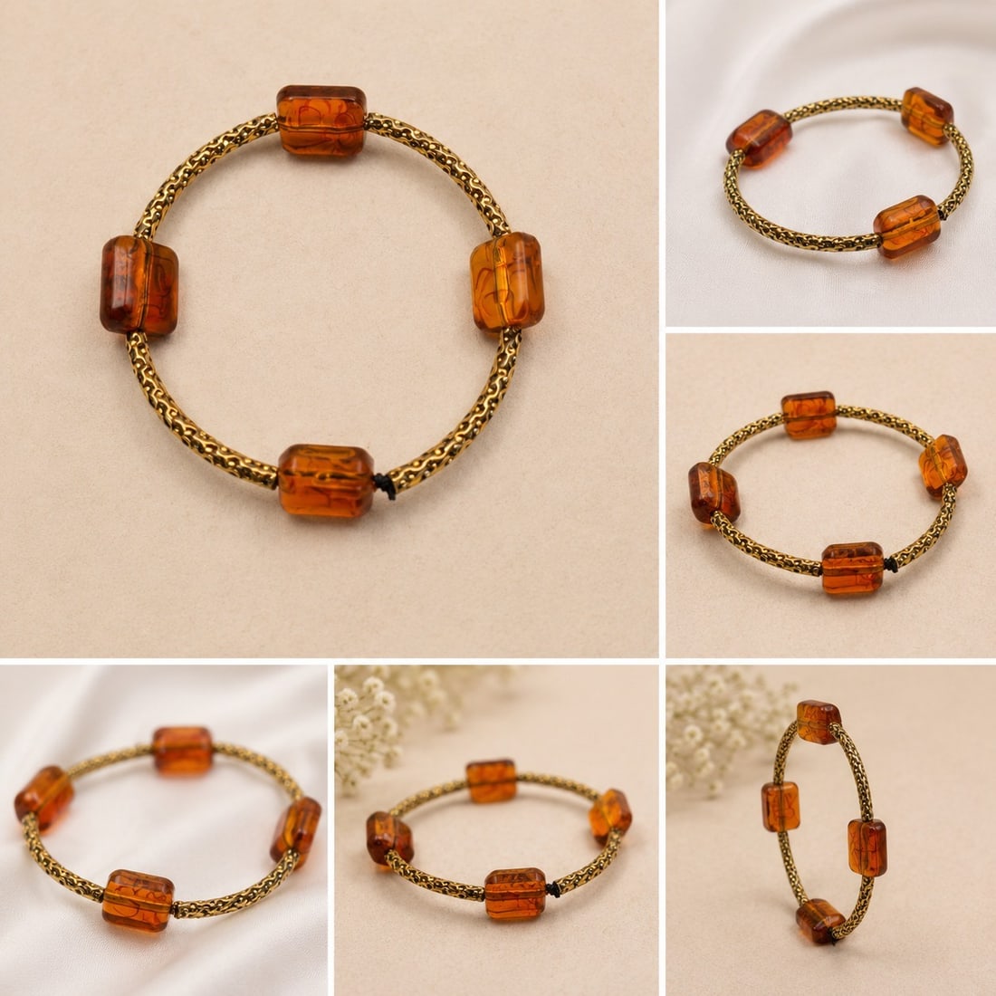 Amber-Colour Bead Bracelet – Gold Tone: Title: Amber-Colour Bead Bracelet – Gold Tone Description: Attractive bracelet featuring four translucent amber-colour rectangular beads with warm honey and cognac tones. The beads are arranged