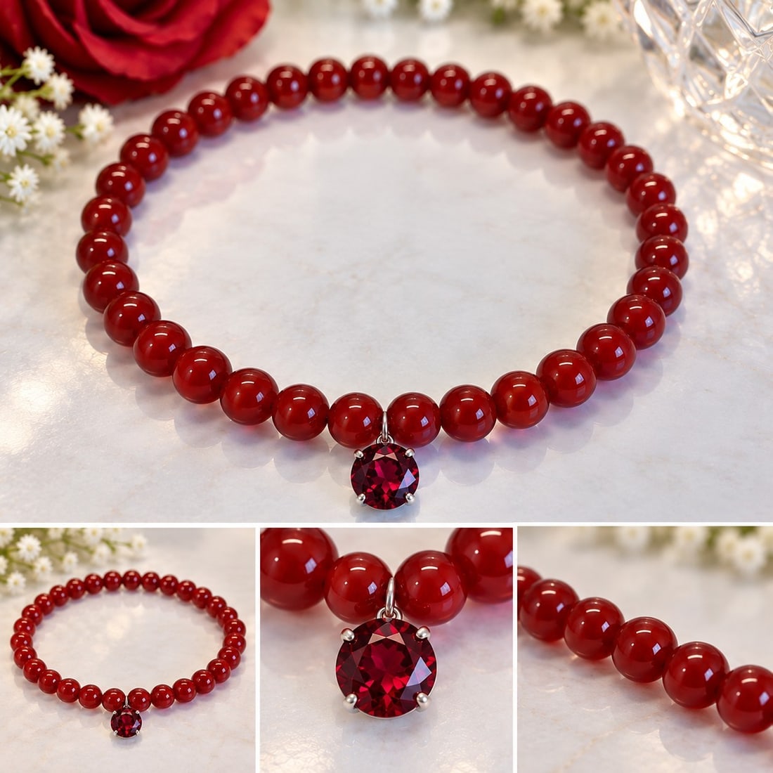 Red Beaded Elastic Necklace with Round Red Gemstone Pendant: Title: Red Beaded Elastic Necklace with Round Red Gemstone Pendant Description: Eye-catching elastic necklace featuring glossy round red beads and a faceted round deep red gemstone pendant. The rich