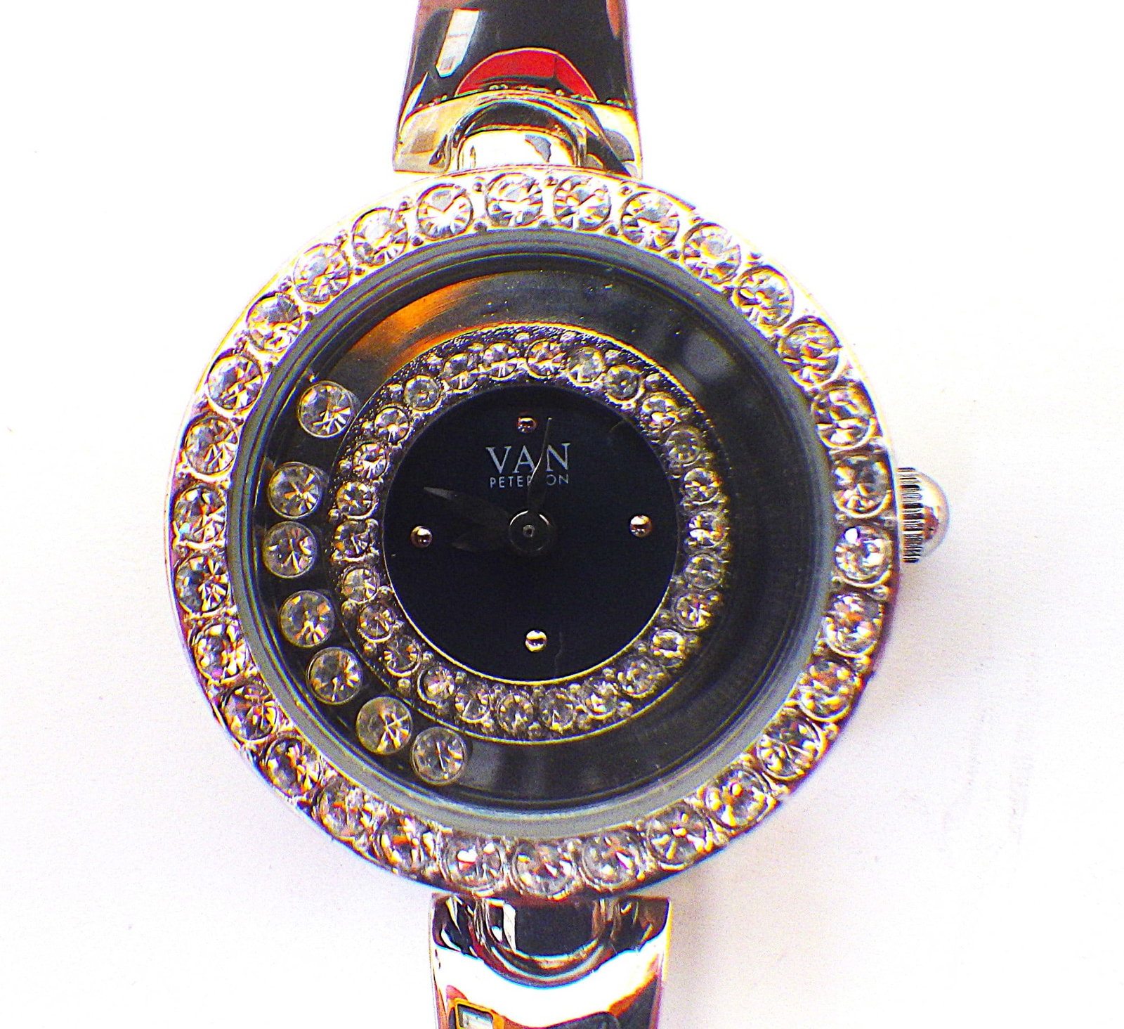 Van Peterson Watch With ""Floating"" Diamante Crystals: Title: Van Peterson Watch With "Floating" Diamante Crystals Description: A classic Van Peterson watch with “happy floating diamante crystals” in excellent condition and original