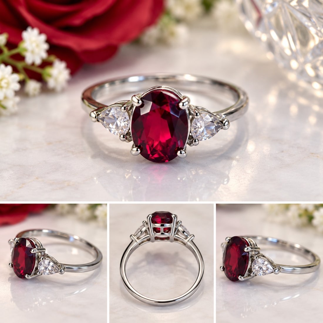 Silver Tone Ring with Oval Red Gemstone and Clear Side Stones: Title: Silver Tone Ring with Oval Red Gemstone and Clear Side Stones Description: Elegant silver tone ring featuring a faceted oval red gemstone as the centrepiece, accented by clear stones on each
