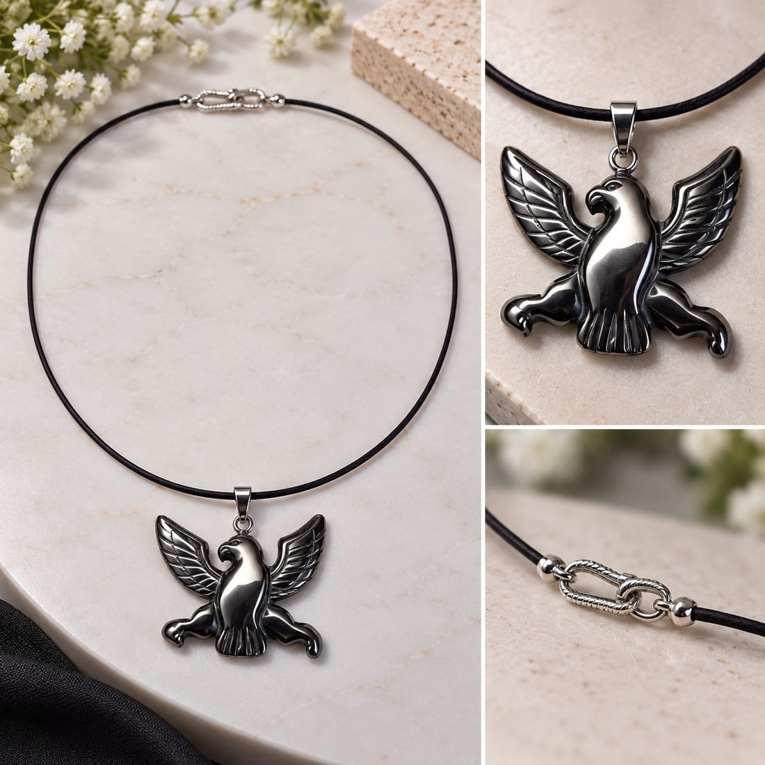 Hematite Eagle Pendant Necklace on Black Cord: Title: Hematite Eagle Pendant Necklace on Black Cord Description: A distinctive necklace featuring a polished hematite eagle pendant suspended from a black cord. The detailed eagle design gives the