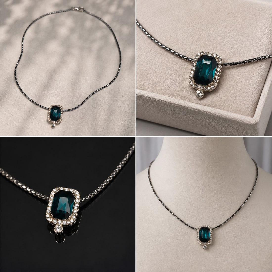 Elegant Green Stone Pendant Necklace with Crystal Halo: Title: Elegant Green Stone Pendant Necklace with Crystal Halo Description: Elegant necklace featuring a rectangular faceted deep green stone surrounded by sparkling clear stones, with a single round