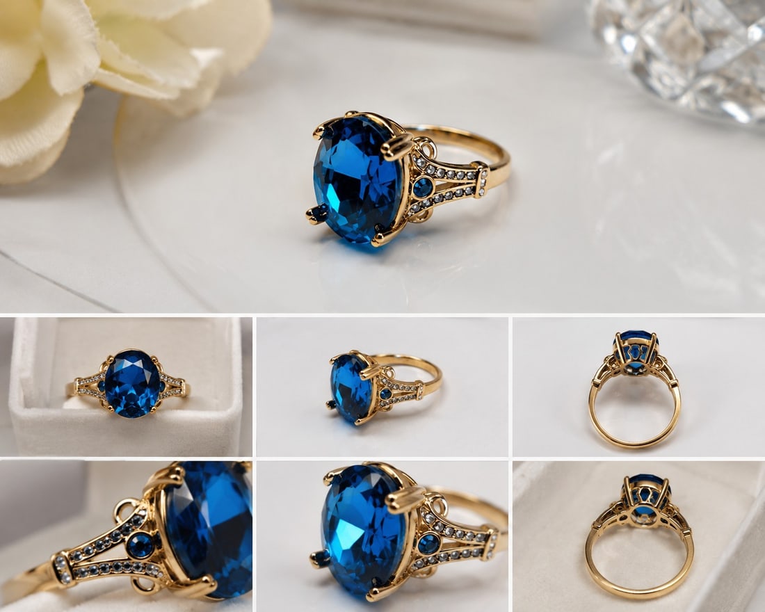 Blue Oval Stone Statement Ring – 16x13mm Centre Stone: Title: Blue Oval Stone Statement Ring – 16x13mm Centre Stone Description: Elegant gold-tone statement ring featuring a large faceted oval blue centre stone measuring approximately 16x13mm. The