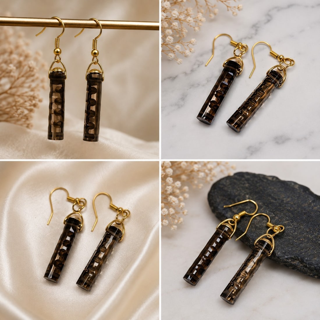 Smoky Topaz Bar Drop Earrings – Gold Tone: Title: Smoky Topaz Bar Drop Earrings – Gold Tone Description: Elegant pair of drop earrings featuring long faceted smoky topaz stones with a rich translucent brown tone. Suspended from