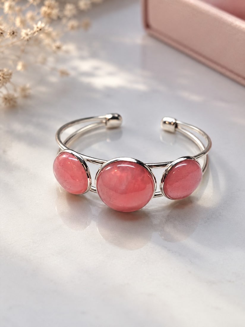 Silver Tone Cuff Bracelet with Three Pink Cabochon Stones: Title: Silver Tone Cuff Bracelet with Three Pink Cabochon Stones Description: Elegant open cuff bracelet featuring three polished round pink cabochon stones, with a larger centre stone and two