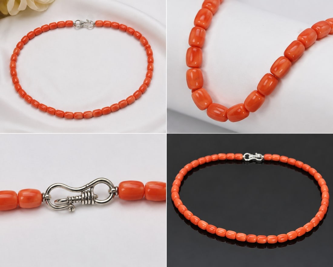 Orange Beaded Necklace with Silver-Tone Clasp: Title: Orange Beaded Necklace with Silver-Tone Clasp Description: Elegant necklace featuring polished orange barrel-shaped beads with a bright, glossy finish. Completed with a decorative silver-tone