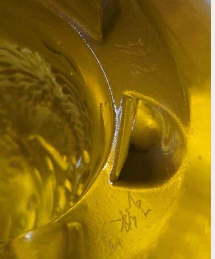 Signed Heinrich Wang Amber Uranium Glass Dragon Bowl, UV Glow Candle Holder Sculpture - 5