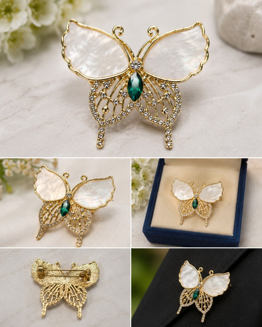 Mother of Pearl Butterfly Brooch – Green & Crystal Accents: Title: Mother of Pearl Butterfly Brooch – Green & Crystal Accents Description: Elegant butterfly brooch featuring luminous mother-of-pearl style wings, a faceted green centre stone and
