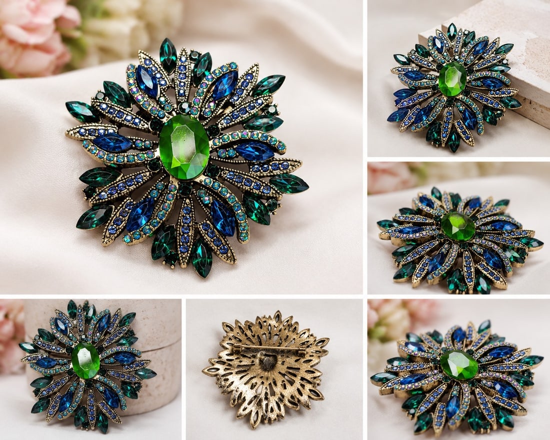 Large Green & Blue Crystal Statement Brooch: Title: Large Green & Blue Crystal Statement Brooch Description: Striking statement brooch featuring a large faceted green centre stone surrounded by blue, green and iridescent crystals. Set in