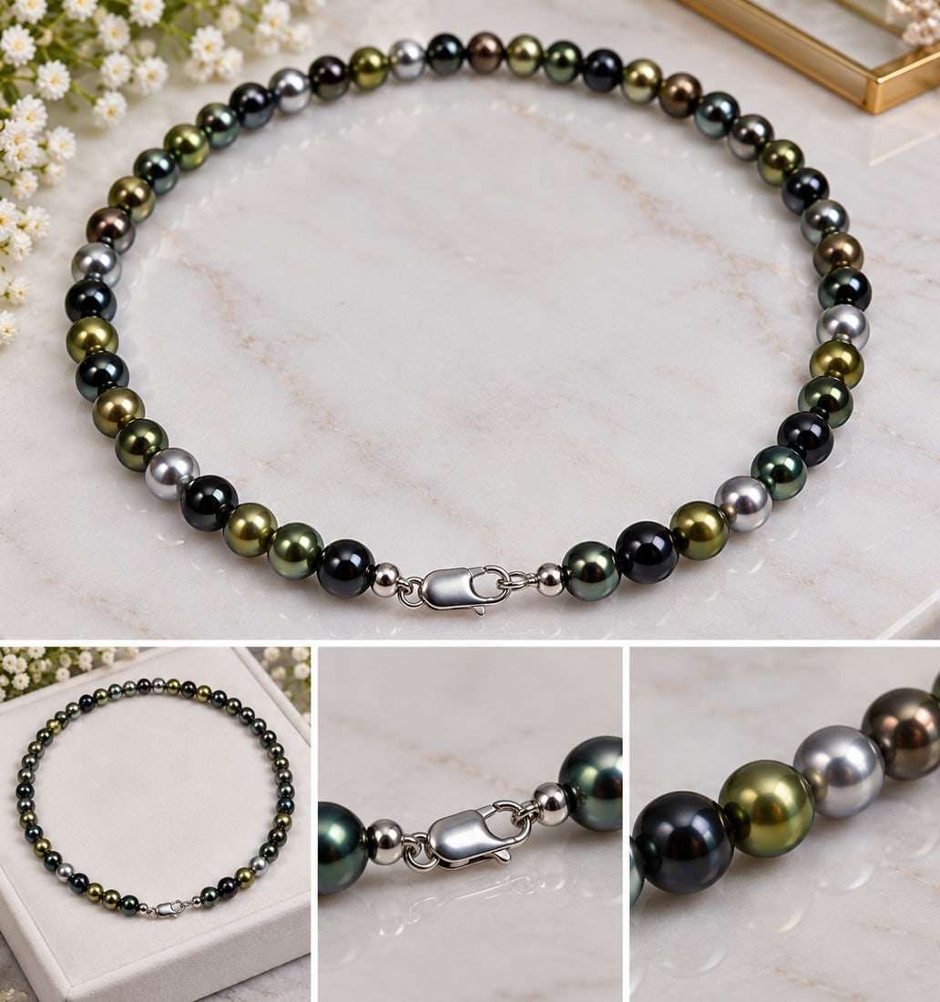 Multicolour Pearl Necklace – 6mm Beads: Title: Multicolour Pearl Necklace – 6mm Beads Description: Elegant necklace featuring 6mm round pearls in a beautiful mix of black, green, bronze and silver tones. Finished with a silver-tone