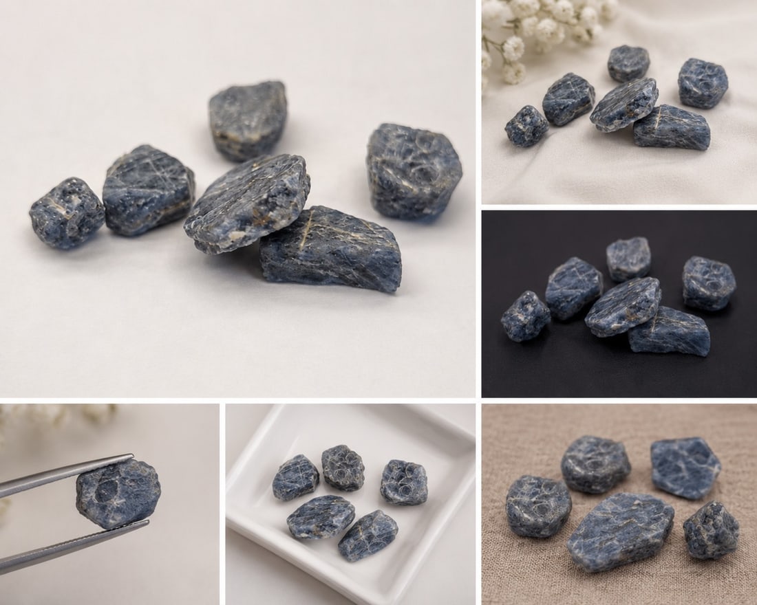 Rough Unpolished Sapphire Gemstones: Title: Rough Unpolished Sapphire Gemstones Description: Collection of rough unpolished sapphire gemstones displaying blue-grey tones and natural-looking crystal characteristics. Suitable for