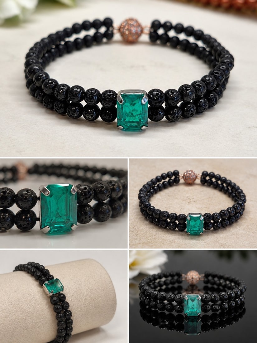 Emerald Doublet & Black Beaded Bracelet: Title: Emerald Doublet & Black Beaded Bracelet Description: Elegant double-strand bracelet featuring black textured beads and a striking rectangular emerald doublet centre stone in a silver-tone