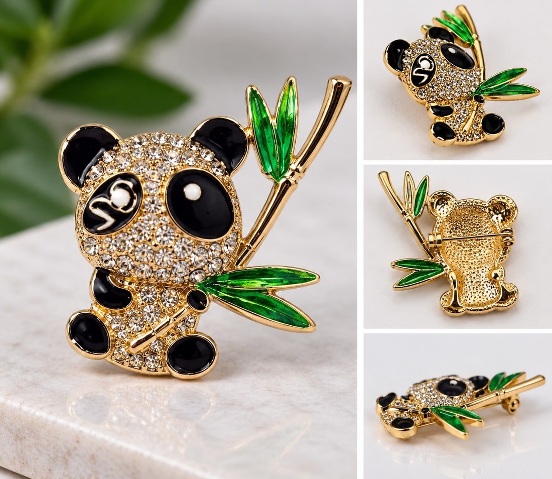 Sparkling Panda Brooch with Green Bamboo – Gold Tone: Title: Sparkling Panda Brooch with Green Bamboo – Gold Tone Description: Charming panda brooch featuring a gold-tone finish, sparkling clear stones, black enamel details and vibrant green